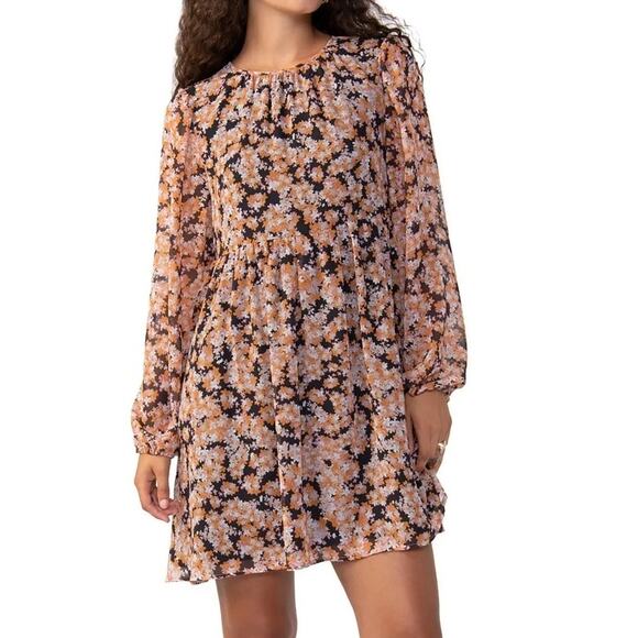 Sanctuary Shirred Neck Sheer Harvest Floral Print Babydoll Long Sleeve Dress XS - Picture 1 of 7